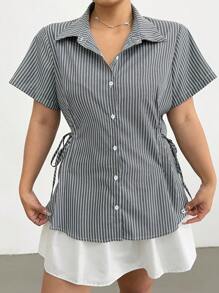 POPSWAY Women Plus Size Striped Short Sleeve Cinched Waist Loose Casual Shirt