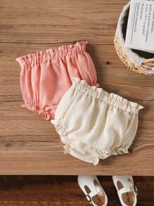 SHEIN Vintaside Kids 2 件套女婴可爱甜美荷叶边短裤，夏季 - 彩色 - 查看 2