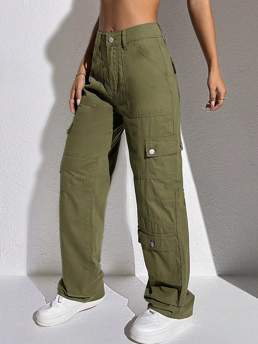 SHEIN EZwear 女式实用口袋直筒宽松休闲百搭牛仔裤 - 軍綠色 - 查看 1