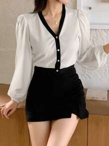 DAZY 女士 V 领单排扣拼色休闲长袖衬衫，秋季女装 - 白色 - 查看 5