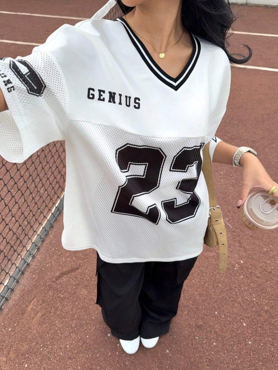 Muchica Women Aummer Graphic Number & Letter Print Basketball Jersey T-Shirt Top & Black Cargo Pocket Pants 2 Pieces Casual Streetwear Suit