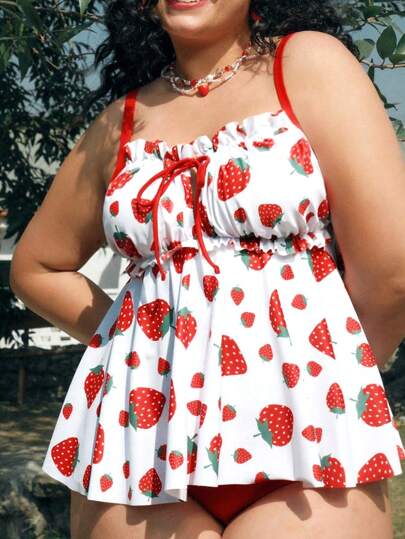 Swim Mod Conjunto de traje de baño de mujer talla grande con estampado de fresa, corte halter y abertura, traje de baño informal de vacaciones de 2 piezas con tirantes finos