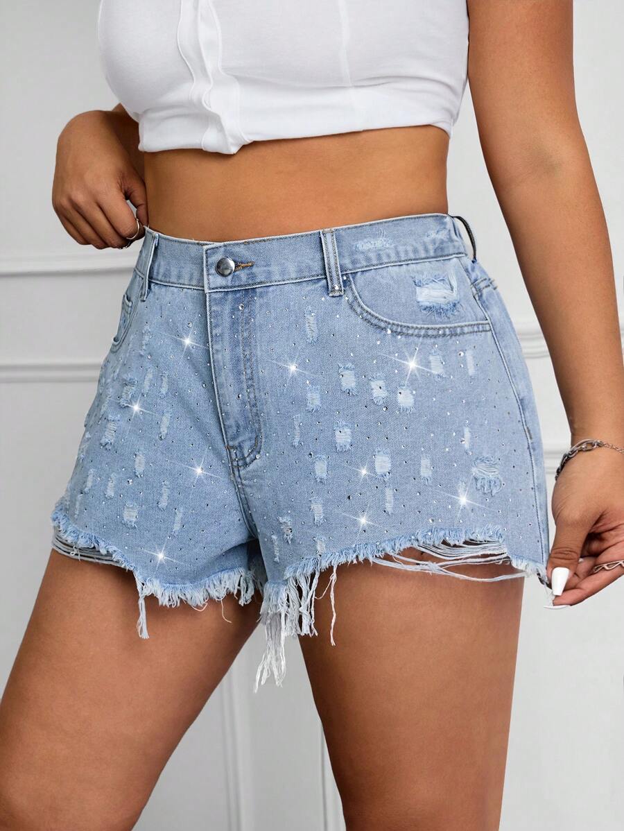 SHEIN EZwear Plus Size Casual Distressed Fray Hem Denim Shorts