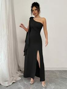 SHEIN Elenzya 女士纯色无袖立领花卉装饰开衩优雅连衣裙 - 黑色 - 查看 4