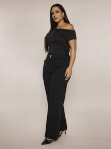 SHEIN BAE Plus Size Women's Black Pocket Button Wide Leg Pants, Office Pocket Long Pants, Y2K Flare Pants, Party Pants, Graduation, Concert, Birthday, Beach, Vacation, Club, Night Out, Summer Pants, Summer, Spring For Women, Concert, Rave, Festival, Vacation, West, Minimalism, Gyaru, Summer Women Pants - Black - View 3