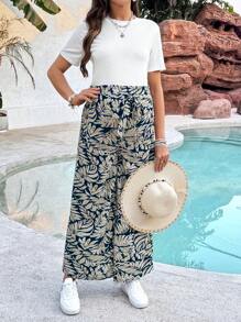 SHEIN 2pcs Maternity Solid Color Round Neck Short Sleeve Top And Pants Set, Minimalist Style - Multicolor - View 3