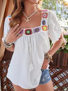 Flirla Women Plus Size National Style Square Collar Blouse, Spring & Summer - White - View 5