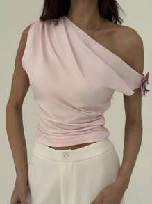 Aloruh Áo thun bó sát họa tiết hoa 3D vai không đối xứng màu hồng cho ngày hẹn hò lãng mạn - Màu Hồng baby - Xem 3