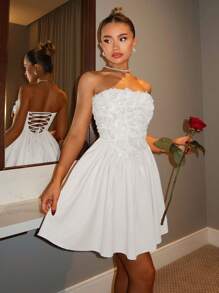 Glamine Glamine Elegant And Romantic Valentine's Day Luxury Satin Strapless Back Strap Women's Short Dress Strapless Solid Color Lace Up White Dress With Floral 3D Rose Reception Dress For Bride Classy Dresses Fashion Dress Women Dresses Prom