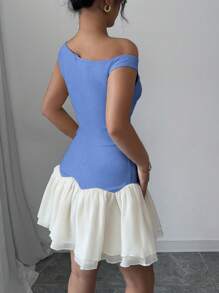 Chiquease Vestido corto sin mangas de mujer con diseño en organza de parches de color de contraste asimétricos en los hombros, nuevo para el otoño