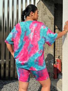 SHEIN EZwear 大码女式扎染两件套：短袖 T 恤和骑行短裤夏季服装，骑行短裤 - 彩色 - 查看 2