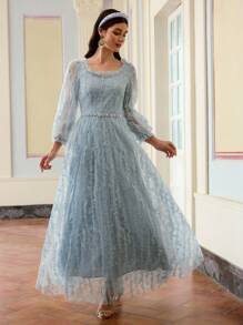 ZEYLAH Damen Pailetten-Stickerei Mesh Langes Kleid, minimalistische Mode Alltags-Lässig Wear - Babyblau - Übersicht 4