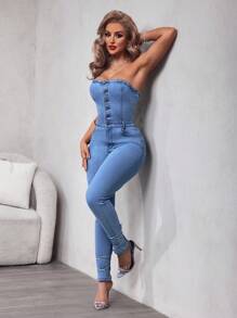 SHEIN SXY Women's Casual Washed Fitted Sleeveless Denim Jumpsuit - Light Wash - View 6