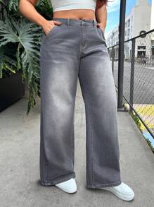 SHEIN EZwear Plus Size Relaxed Fit Straight Leg Jeans, Gray, Saint Patrick / St Patrick Day, Loose Straight Denim Jeans, Long Leg, All Season, Summer / Summers / Summer Clothes, Y2K Fashion Retro Grey Washed Low-Waisted Slanted Pocket Casual Wide Leg Baggy Jeans Loose Streetwear Jeans,Springs For Women / Spring,Summers For Women / Summer / Summer Clothes / Cute Summer Tops,Easter Dress / Easter / Easter Women,Concert Women / Raves / Raves Festival / Country Concert / Nashville / Ibiza,Western Wear Women / Western / Western Clothes For Women,Cowgirls For Women / Rodeos For Women / Cowgirl,Beach For Woman / Beach, Brunch For Women - Grey - View 3