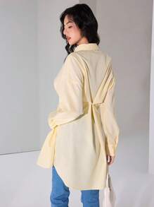 Heiryn 女士纯色前扣长袖简约衬衫，休闲日常穿着 - 黃色 - 查看 2