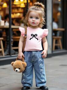 2 Pcs Baby/Baby Girl Sleeveless Bow Print Top And Long Pants Set, Summer Fashion - Pink - View 1