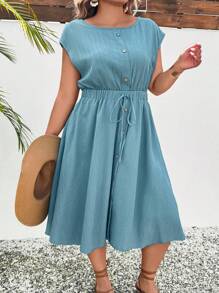 SHEIN LUNE Vestido casual corte A de longitud media con cuello redondo, mangas cortas y cintura con lazo para mujer de talla grande en color liso