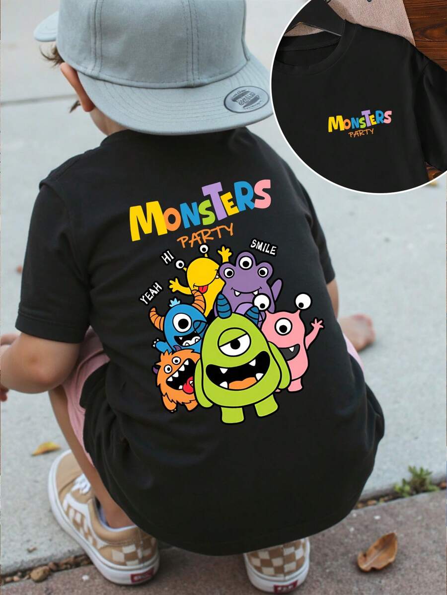 Young Boy Monster Family Cartoon Print Short Sleeve T-Shirt - Black - View 1