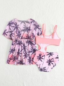 SHEIN 2 件装女婴泳衣套装，可爱草莓印花蝴蝶结装饰连体泳衣和防晒斗篷