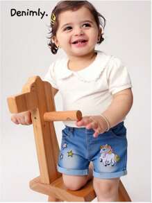 Baby Girls Star Embroidered Reverse Hem Design Denim Shorts, Casual Simple Versatile Washed Jeans - Medium Wash - View 3