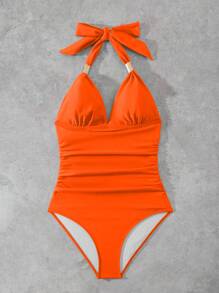 Swim Lushoire Women's Solid Color Ruched Halter One-Piece Swimsuit For Beach/Resort For Summer Beach Vacation