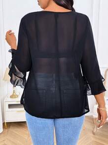 SHEIN LUNE 大码女式 V 领 3/4 袖不对称下摆和背部透明设计衬衫，优雅的日常通勤穿着