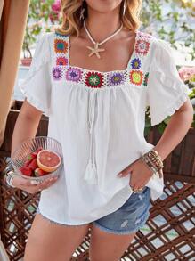 Flirla Women Plus Size National Style Square Collar Blouse, Spring & Summer - White - View 3