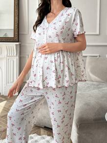 Maternity Ditsy Floral Ruffled V-Neck Short Sleeve Top & Pants Pajama Set