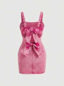 SHEIN MOD Vestido Curto de Denim com Ajuste Slim e Alças Largas, Simples para Mulheres - Azul - Visão 2