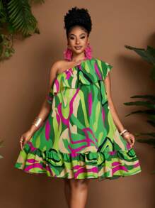 Maweii 大码女式印花荷叶边不对称吊带无袖 A 字形连衣裙