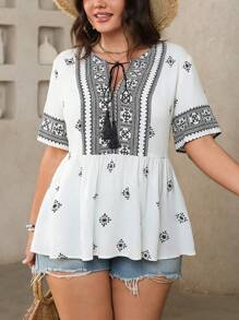 Breezaya Plus Size Front-Tie Short Sleeve Casual Pullover Shirt