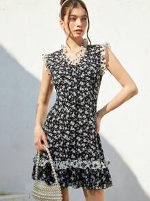 Aveloria 女式法式黑白雪纺碎花迷你连衣裙，荷叶边下摆和腰线，波西米亚风度假时尚风格，全身印花，适合夏季春秋季