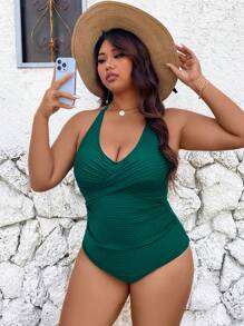 SHEIN Swim Lushore Plus Size Textured Fabric Tankini Swimwear Top