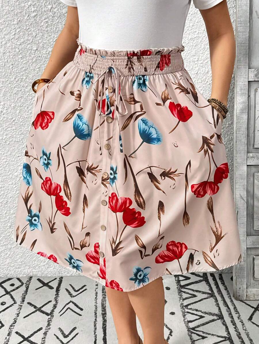 SHEIN LUNE Plus Size Women Elastic Waist Front Button Floral Print Knee-Length Skirt - Khaki - View 1