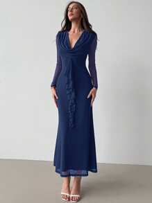 Aloruh Damen Abendkleid mit tiefem V-Ausschnitt, Volant-Saum, Meerjungfrau-Schnitt, Mesh-Material, für Partys und Weihnachten, sexy