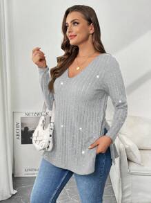 SHEIN Essnce Plus Size Gray Top For Women: Stylish V-Neck T-Shirt With Long Sleeves And Sparkle - Light Grey - View 4
