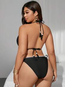 SHEIN Swim Curve 2pcs Plus Size Women Solid Color Halter 3-Point Cup Split Bikini Swimwear Set, Sexy & Elegant For Beach For Summer Beach Vacation - Black - View 2