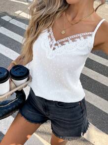 Serisse 女式简约蕾丝拼接无袖休闲背心细肩带上衣 - 白色 - 查看 5