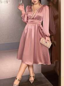 Dazy Plus Farbblock V-Ausschnitt Midi-Länge Partykleid in Große Größen, Frühling/Sommer/Herbst Langarm Kleid Hochzeit Damen Kleider Abendkleid Elegante Damenkleider