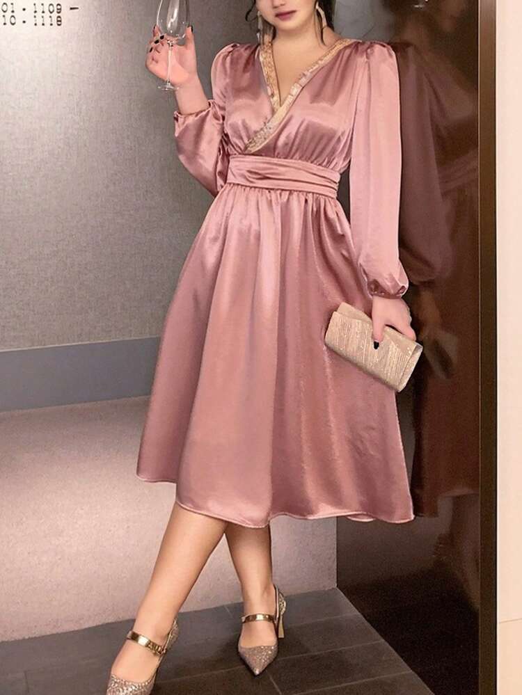 Dazy Plus Plus Size Color Block V-Neck Mid-Length Party Dress, Spring/Summer/Autumn Long Sleeve Dress Wedding Women Dresses Prom Dress Elegant Women Dresses