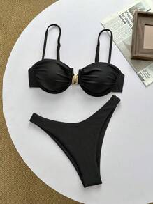 Swim Basics Solid Color Spaghetti Strap Push Up Top And Bikini Bottom Swimwear Set, Women Summer Beach Outfits - Black - View 1