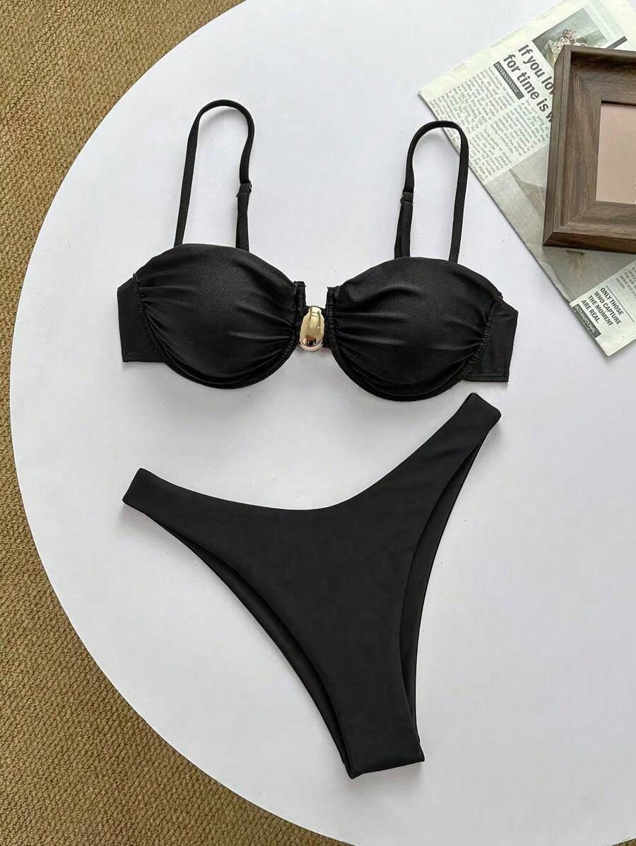 Swim Basics Solid Color Spaghetti Strap Push Up Top And Bikini Bottom Swimwear Set, Women Summer Beach Outfits - Black - View 1
