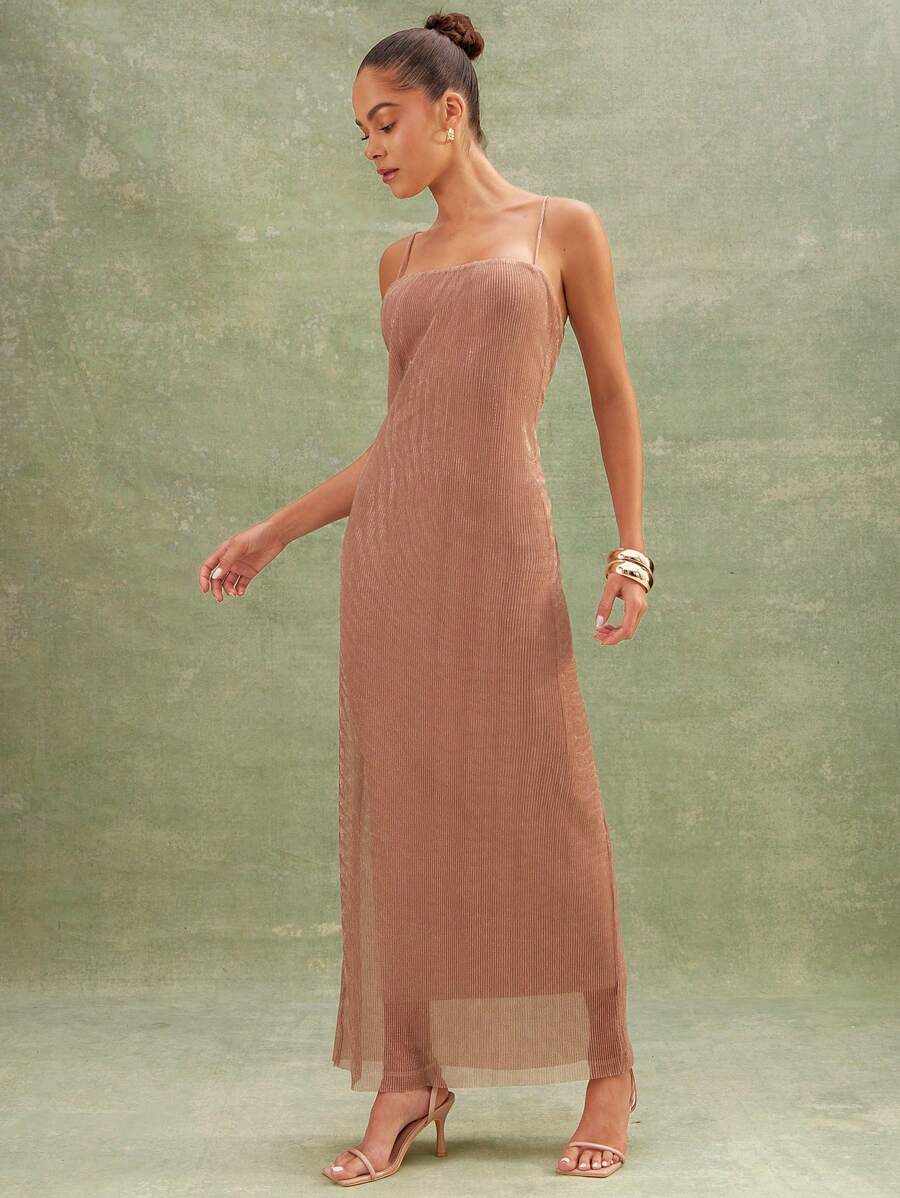 L'Amorae Elegant Sparkly Sleeveless Slim Fix Summer Spaghetti Strap Dress, Vacation Outfits Woman - Dusty Pink - View 1