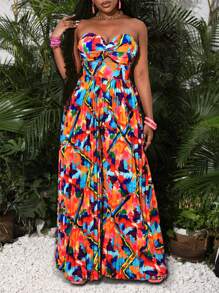 Slaydiva 女士夏季度假性感印花扭结露肩褶皱阔腿连体裤