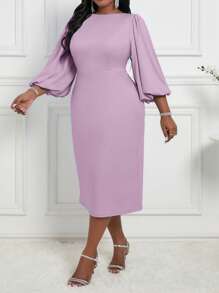 Fleurora Autumn And Winter Elegant Baby Blue Round Neck Bishop Sleeve Bodycon Dress Plus Size Dresses Blue Dresses Dress - Purple - View 3