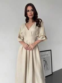 Firerie New Elegant Large Umbrella Skirt Apricot Off-The-Shoulder Short-Sleeved Imitation Linen Pleated Women's Dress Summer Outfits For Women Sundress Vacation Outfits