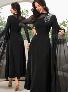 Modelyn Váy dài tay bồng bềnh đính đá lấp lánh cho nữ, thanh lịch - màu đen - Xem 2