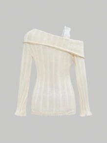 ROMWE Fairycore Pull seyant à manches cloche transparentes, encolure asymétrique avec patchwork en dentelle, style rétro Y2K pour femmes - Nude - Voir 3