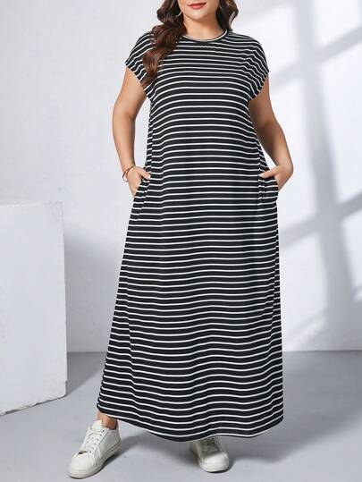 SHEIN Essnce 大码女式圆领蝙蝠袖短袖口袋休闲宽松条纹连衣裙