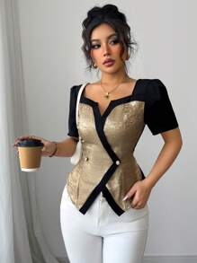 Elenzga 女士时尚优雅短袖衬衫，方领，二合一，斜襟，假纽扣，金属色，对比色拼接编织，春夏